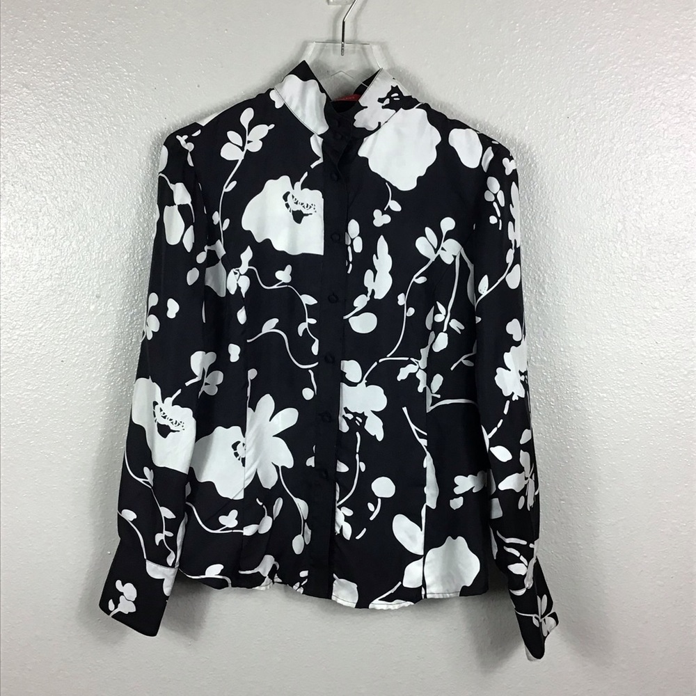 Anne Klein Silk Black Floral Blouse Sz 10